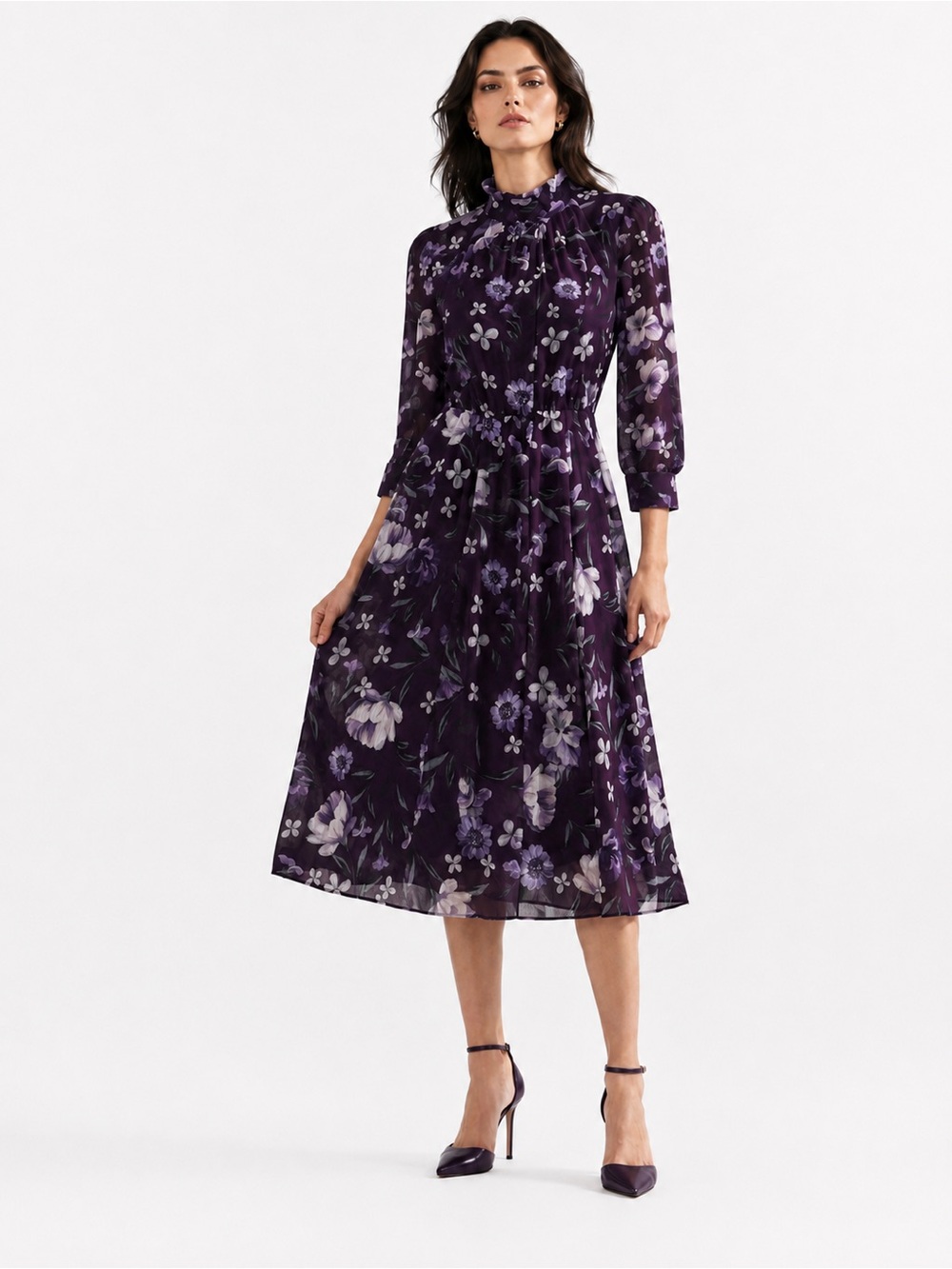 Calvin Klein Purple Floral Long Sleeve Mock Neck Midi Dress Size 6